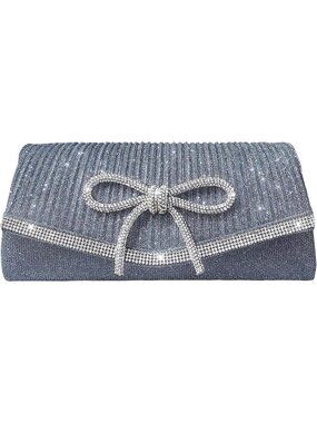 Women's Blue Silver Sparkly Bow Rhinestone Clutch Purse Glitter Evening Bag